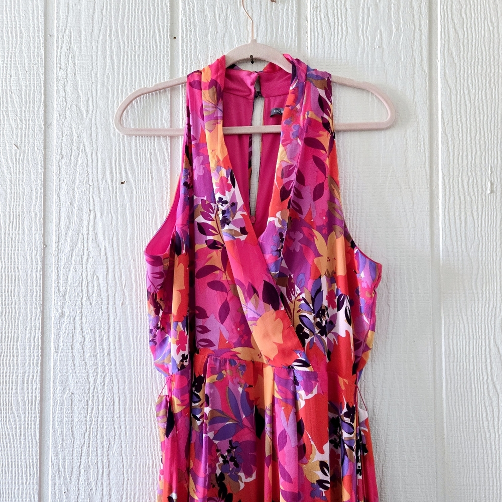 JULIA JORDAN Fushia Floral Halter V Neck Surplice Faux Wrap Sleeveless Belted 12 - Picture 4 of 10